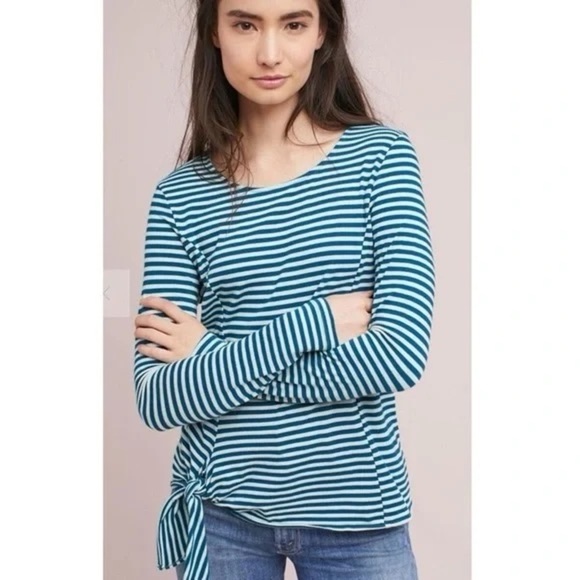 Anthropologie T.la | Barela Green Striped Side Striped Long Sleeve Top, Large - Picture 2 of 11